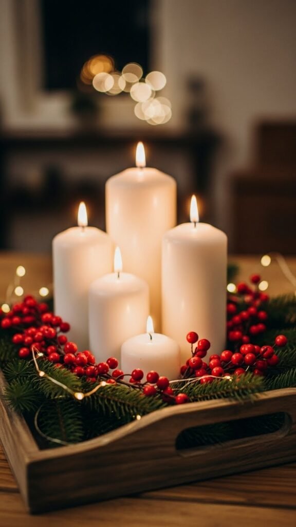 White Candle & Berry Tray