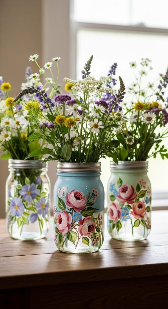Mason Jar Vases with Painted Florals