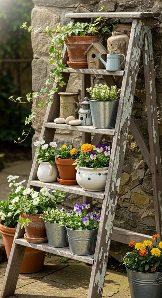 Repurposed Ladder Shelf for Outdoor Decor
